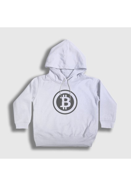 Unisex Çocuk Beyaz Gray Logo Bitcoin Kapüşonlu Sweatshirt