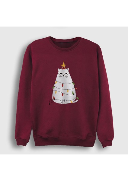 Unisex Bordo Huysuz Kedi Yılbaşı Sweatshirt