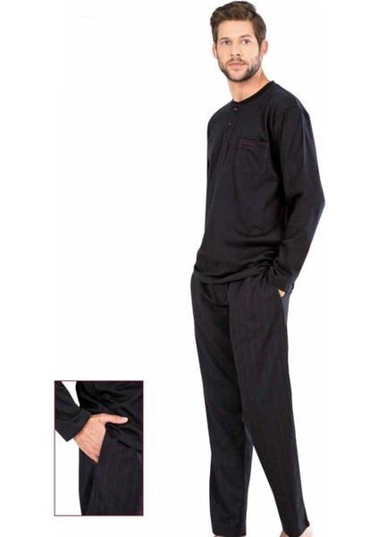 Erkek Pijama Takımı Uzun Kollu Penye Yakası Düğmeli Alt Çizgili