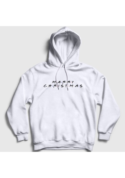 Unisex Beyaz Friends Merry Christmas Yılbaşı Kapüşonlu Sweatshirt