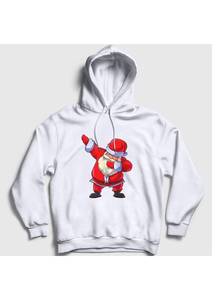 Unisex Beyaz Dabbing Noel Baba Santa Claus Yılbaşı Kapüşonlu Sweatshirt
