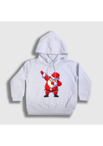 Unisex Çocuk Beyaz Dabbing Noel Baba Santa Claus Yılbaşı Kapüşonlu Sweatshirt
