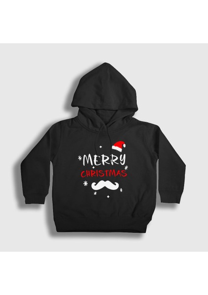 Unisex Çocuk Siyah Mustache Merry Christmas Yılbaşı Kapüşonlu Sweatshirt