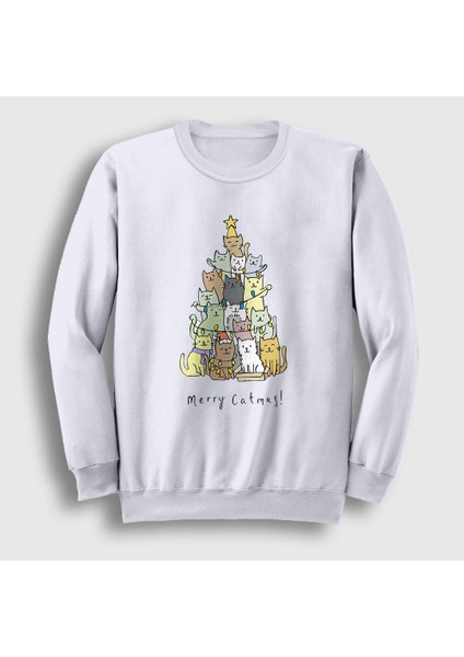 Unisex Beyaz Merry Catmas Kediler Yılbaşı Sweatshirt