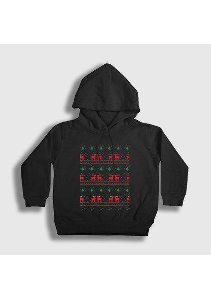 Unisex Çocuk Siyah Deers Geyikler V2 Yılbaşı Kapüşonlu Sweatshirt