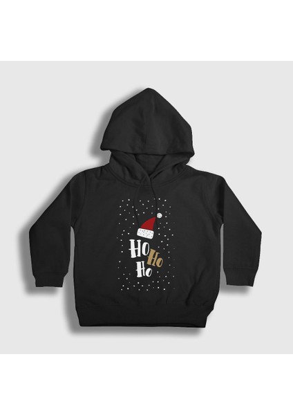 Unisex Çocuk Siyah Ho Ho Ho Noel Baba Santa Claus Yılbaşı Kapüşonlu Sweatshirt