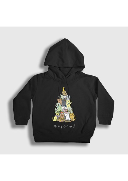 Unisex Çocuk Siyah Merry Catmas Kediler Yılbaşı Kapüşonlu Sweatshirt