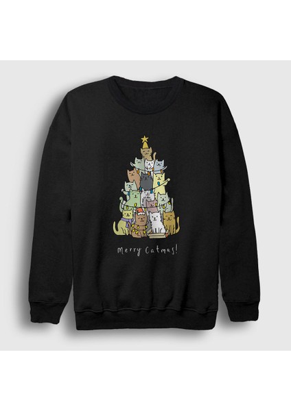 Unisex Siyah Merry Catmas Kediler Yılbaşı Sweatshirt