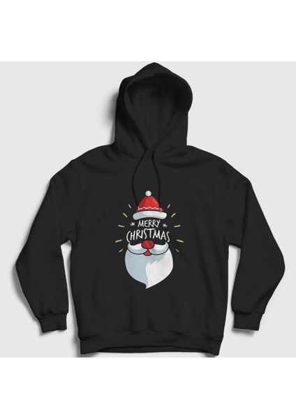 Unisex Siyah Merry Christmas Noel Baba Santa Claus Yılbaşı Kapüşonlu Sweatshirt