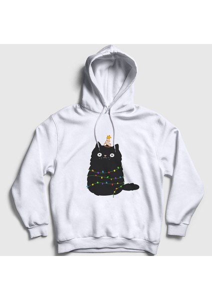 Unisex Beyaz Yeni Yıl Kedisi Yılbaşı Kapüşonlu Sweatshirt