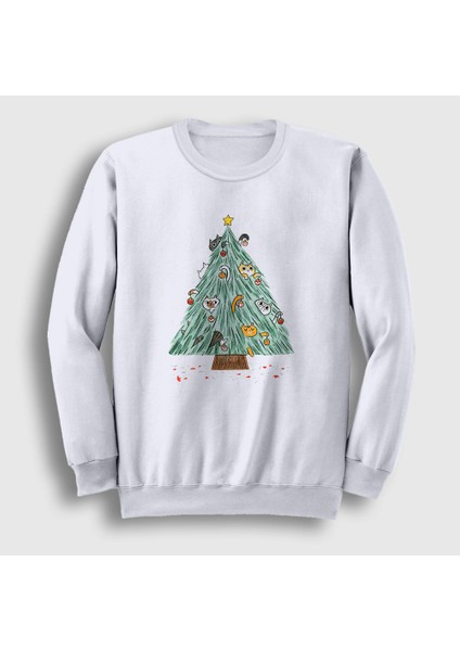 Unisex Beyaz Kedili Çam Ağacı Yılbaşı Sweatshirt
