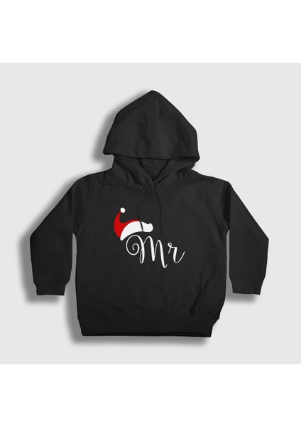 Unisex Çocuk Siyah Mr Yeni Yıl Yılbaşı Kapüşonlu Sweatshirt