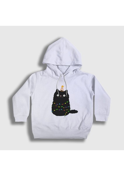 Unisex Çocuk Beyaz Yeni Yıl Kedisi Yılbaşı Kapüşonlu Sweatshirt