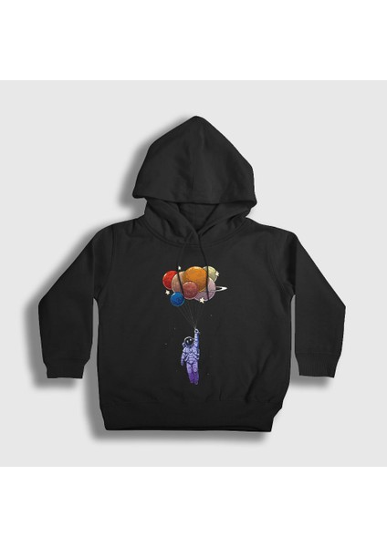 Unisex Çocuk Siyah Balloons Astronaut Space Astronot Uzay Kapüşonlu Sweatshirt
