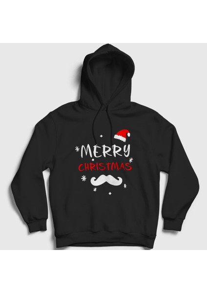 Unisex Siyah Mustache Merry Christmas Yılbaşı Kapüşonlu Sweatshirt