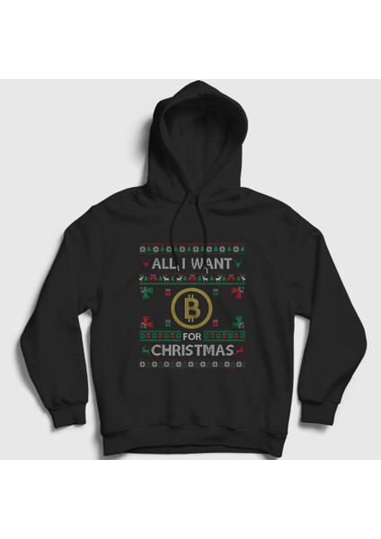 Unisex Siyah Bitcoin For Christmas Yılbaşı Kapüşonlu Sweatshirt
