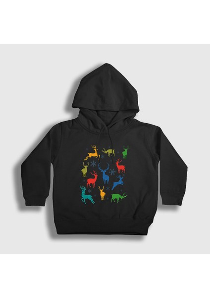Unisex Çocuk Siyah Deers Geyikler Yılbaşı Kapüşonlu Sweatshirt