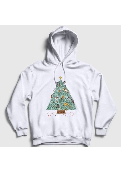 Unisex Beyaz Kedili Çam Ağacı Yılbaşı Kapüşonlu Sweatshirt