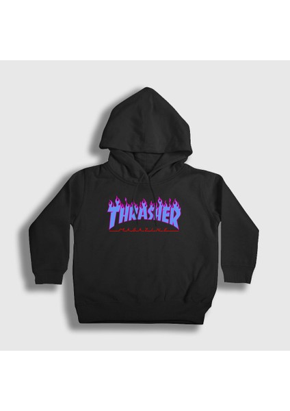 Unisex Çocuk Siyah Logo V2 Thrasher Kapüşonlu Sweatshirt