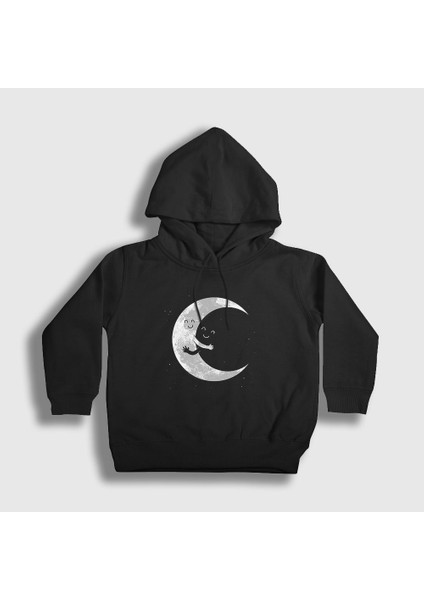 Unisex Çocuk Siyah Hugging Moon Space Uzay Kapüşonlu Sweatshirt