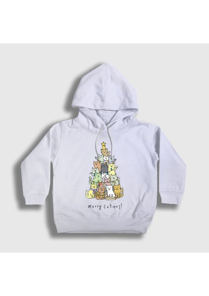 Unisex Çocuk Beyaz Merry Catmas Kediler Yılbaşı Kapüşonlu Sweatshirt