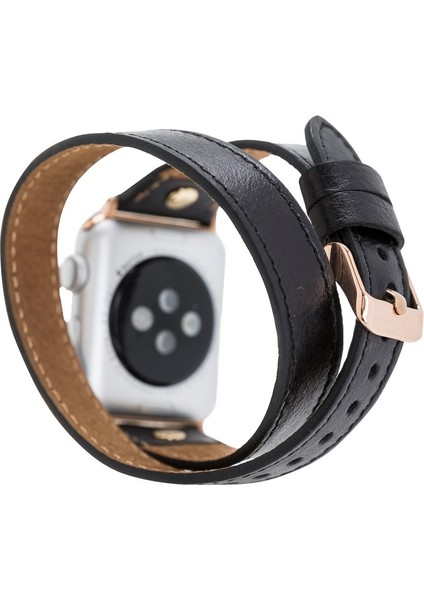 Apple Watch Uyumlu Deri Kordon 42-44MM Slim Çift Tur Gold Trok Rst1 Siyah fiyatları