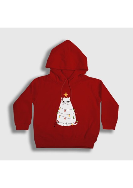 Unisex Çocuk Kırmızı Huysuz Kedi Yılbaşı Kapüşonlu Sweatshirt