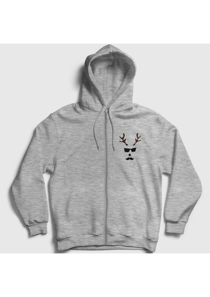 Unisex Gri Male Deer Yılbaşı Fermuarlı Kapüşonlu Sweatshirt