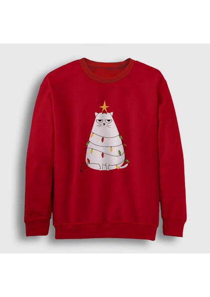 Unisex Kırmızı Huysuz Kedi Yılbaşı Sweatshirt