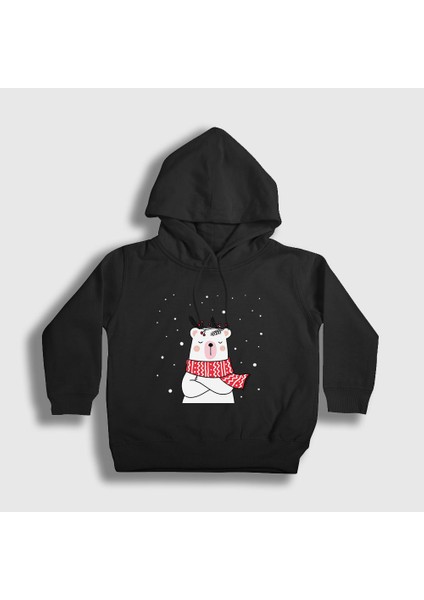 Unisex Çocuk Siyah Polar Bear Kutup Ayısı Yılbaşı Kapüşonlu Sweatshirt