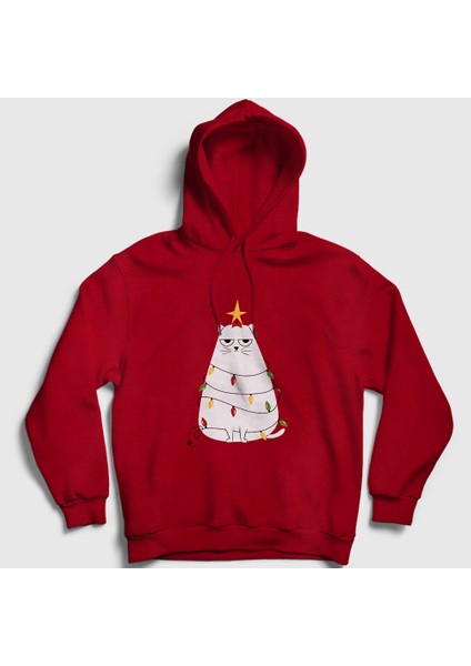 Unisex Kırmızı Huysuz Kedi Yılbaşı Kapüşonlu Sweatshirt