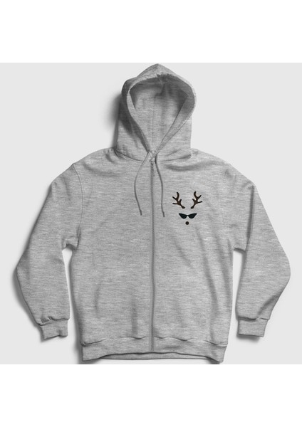 Unisex Gri Female Deer Yılbaşı Fermuarlı Kapüşonlu Sweatshirt