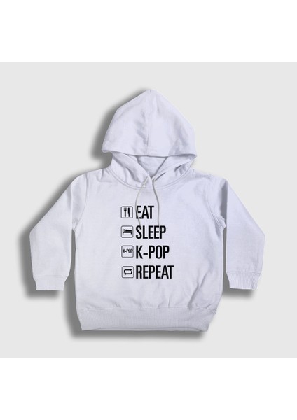 Unisex Çocuk Beyaz Eat Sleep Repeat K-Pop Kapüşonlu Sweatshirt