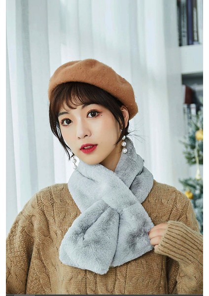 Welsoft Gri Peluş Atkı Kaşkol Rüzgar Geçirmez Polar Boyunluk Şalı