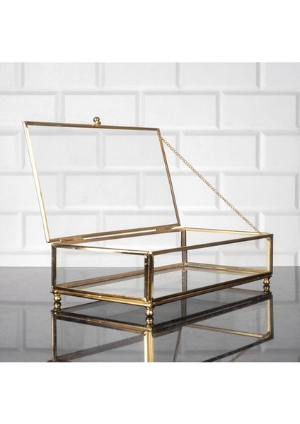 Cam Küçük Metal Çerçeveli Sunumluk Kapaklı Sandık Çikolata Şeker ve Takı Kutusu 25X14 cm Altın