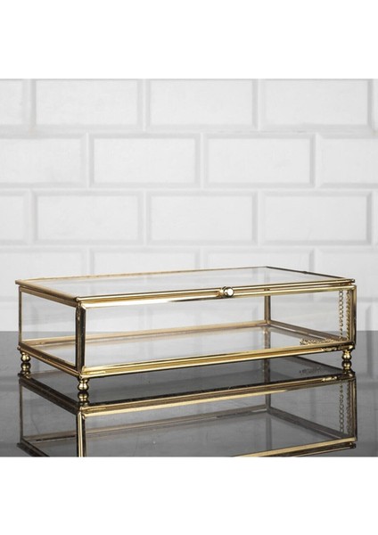 Cam Küçük Metal Çerçeveli Sunumluk Kapaklı Sandık Çikolata Şeker ve Takı Kutusu 25X14 cm Altın fiyatları