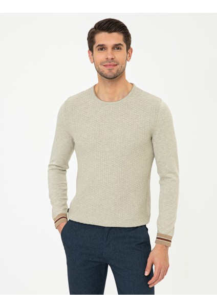 Erkek Kum Melanj Slim Fit Bisiklet Yaka Triko Kazak 50248536-VR123
