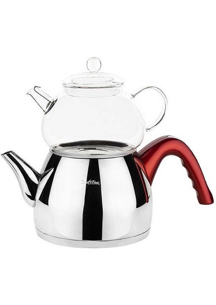 Kırmızı Konik Orta Boy Paslanmaz Çelik Çaydanlık Takımı 980/1700ML
