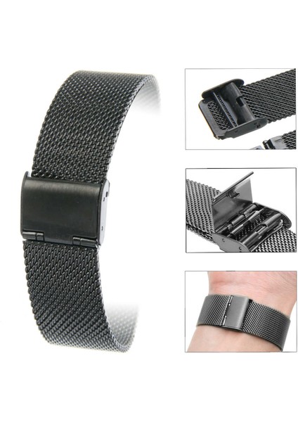 22MM Saat Kordonu Siyah Çelik Hasır Kolçak Örgü Kordon
