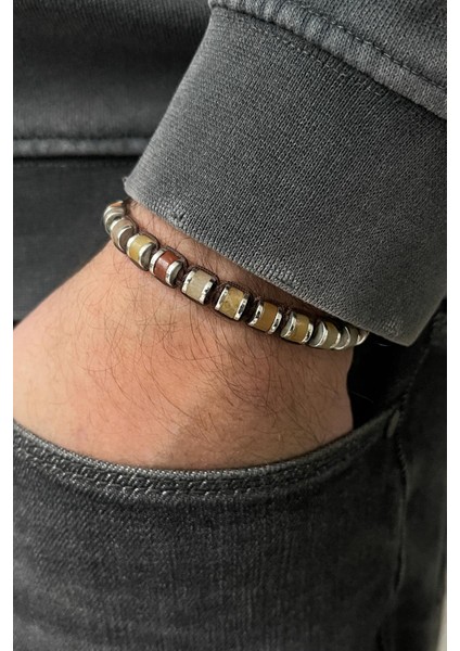 Doğal Taşlı Kahverengi Renkli Ayarlanabilir Makrome Erkek Bileklik FRJ11322-1422-K2