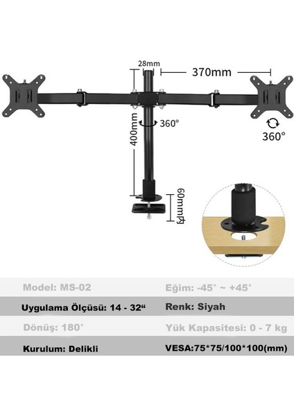 Masaüstü Ayarlanabilir 14-32” Çift Kol Monitör Tutucu