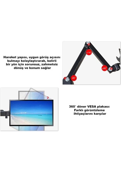 Masaüstü Ayarlanabilir 14-32” Çift Kol Monitör Tutucu