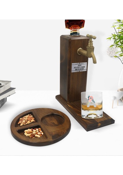 Kişiye Özel Harf ve Isimli Viski Bardağı & Ahşap Içki Standı & Ahşap Sunum Tabağı Çerezlik Hediye Seti-3