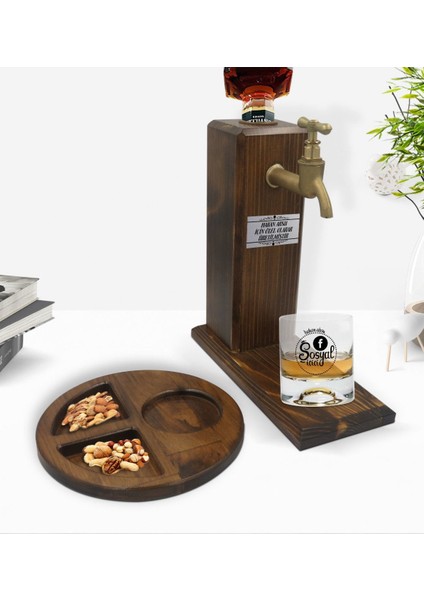Kişiye Özel Sosyal Içici Tasarımlı Viski Bardağı & Ahşap Içki Standı & Ahşap Sunum Tabağı Çerezlik Hediye Seti-3