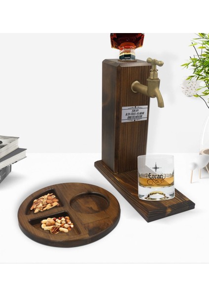 Kişiye Özel Kaligrafi Isimli Viski Bardağı & Ahşap Içki Standı & Ahşap Sunum Tabağı Çerezlik Hediye Seti-4