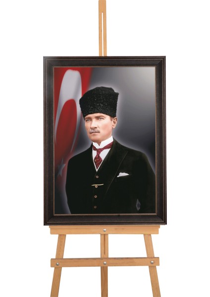 Ceviz Rengi Çerçeveli Türk Bayrağı Fonlu Atatürk Portresi