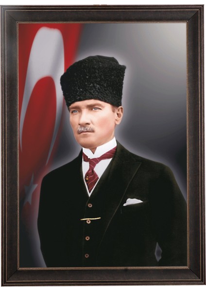 Ceviz Rengi Çerçeveli Türk Bayrağı Fonlu Atatürk Portresi