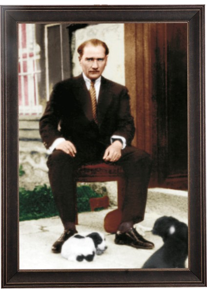 Ceviz Rengi Çerçeveli Atatürk ve Köpeği Portresi