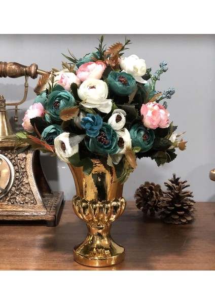 Yapay Çiçek Aranjmanı Antik Cam Vazoda Mavi Krem Erengüller