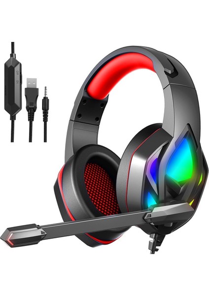 H100 E-Spor Oyun Rgb Işık Kablolu Kulaklık Kırmızı (Yurt Dışından)